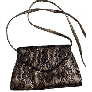 Neiman Marcus Metallic Black Lace Clutch Crossbody Purse Bag Silver Formal